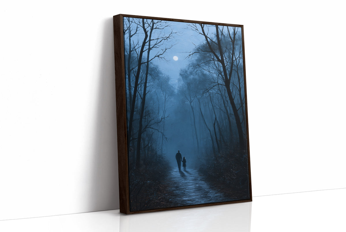 Two Shadows Take the Long Road, two dark figures walking a misty forest path between tall bare trees under a pale moon, painted in midnight blue, fog gray and soft silver, as a framed canvas in a brown frame
