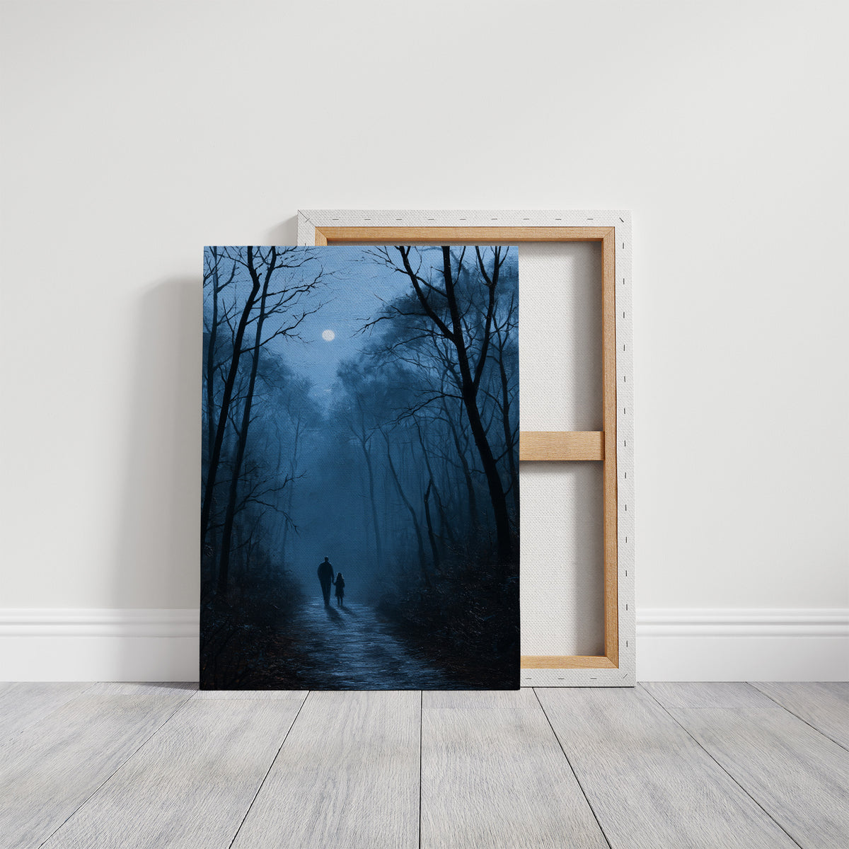 Two Shadows Take the Long Road, two dark figures walking a misty forest path between tall bare trees under a pale moon, painted in midnight blue, fog gray and soft silver, on a gallery canvas with wrapped edges leaning against a white wall