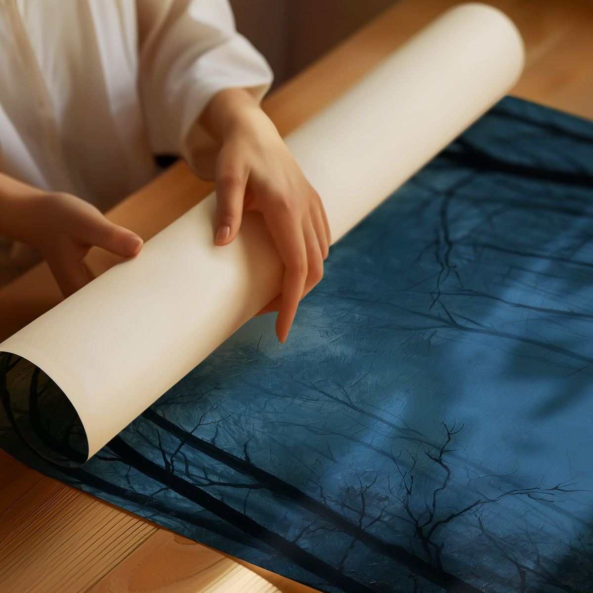 Two Shadows Take the Long Road, two dark figures walking a misty forest path between tall bare trees under a pale moon, painted in midnight blue, fog gray and soft silver, as a matte poster, unframed