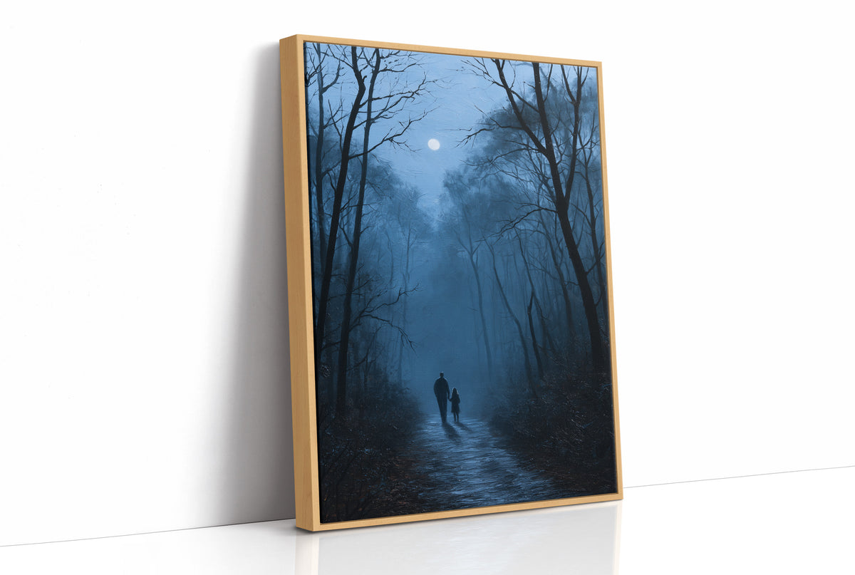 Two Shadows Take the Long Road, two dark figures walking a misty forest path between tall bare trees under a pale moon, painted in midnight blue, fog gray and soft silver, as a framed canvas in a natural wood frame