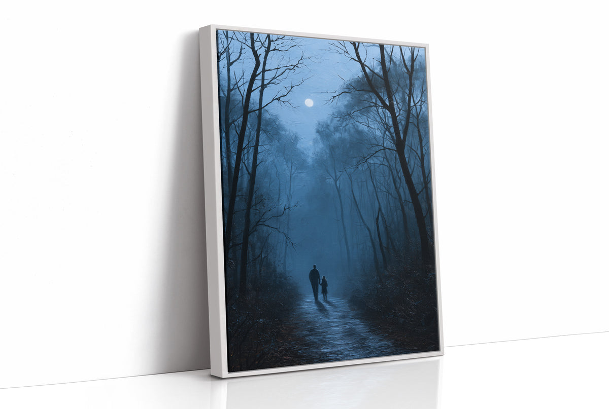 Two Shadows Take the Long Road, two dark figures walking a misty forest path between tall bare trees under a pale moon, painted in midnight blue, fog gray and soft silver, as a framed canvas in a white frame