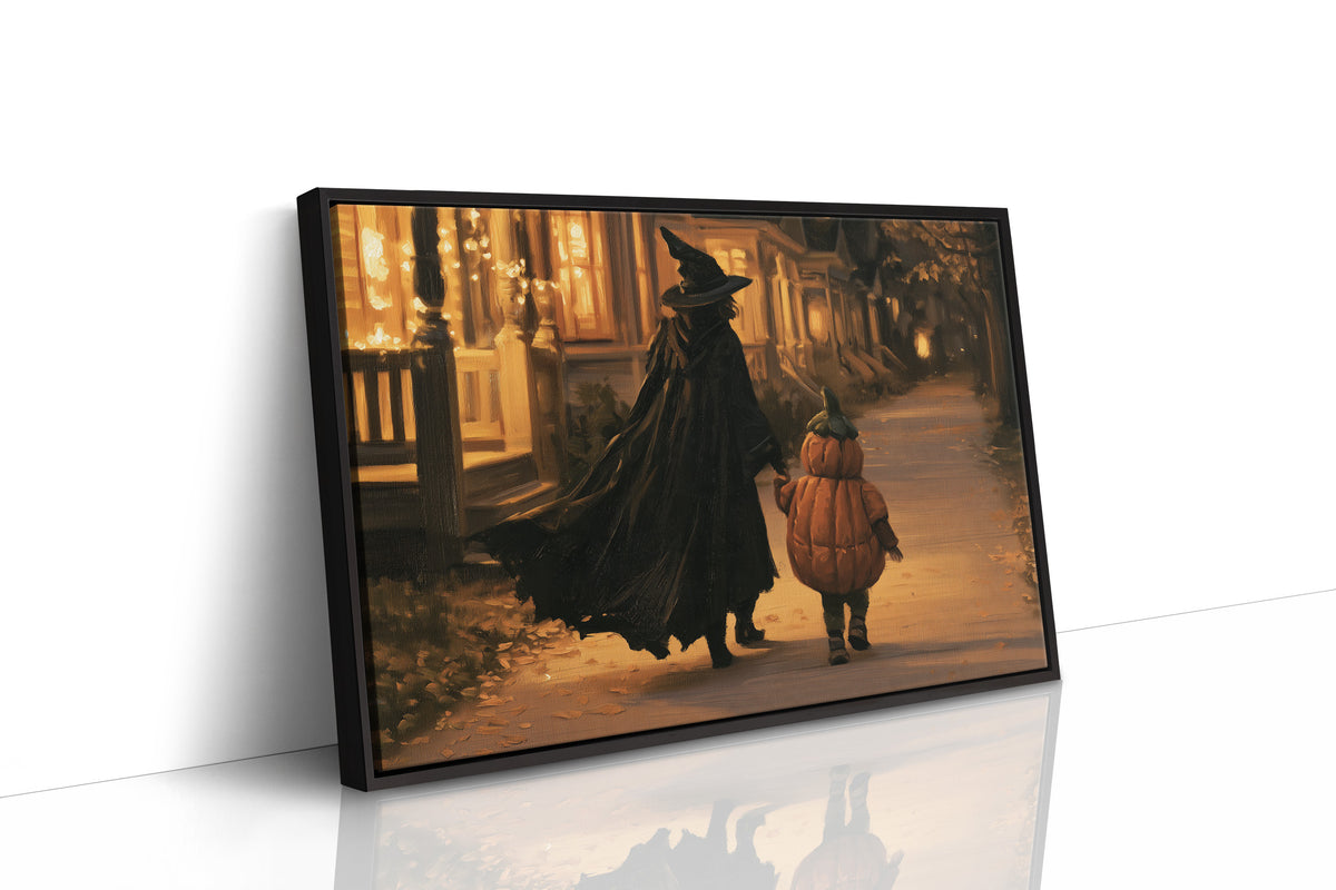 Two Shadows Walk the Lamplit Street, witch and a small child in pumpkin costume walking a lamp lit street painting, as a framed canvas in a black frame