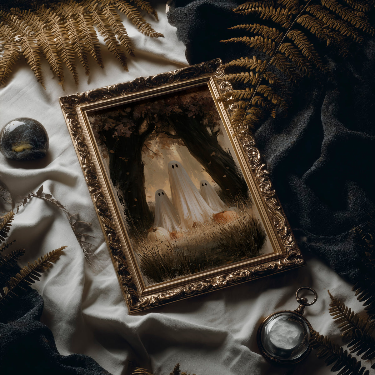 Two Visitors Under the Arch, two pale ghosts standing under an arch of dark trees above a field of tall grass and fallen leaves, painted in deep brown, bone and moss, in an ornate frame on silk cloth beside ferns and a brass compass