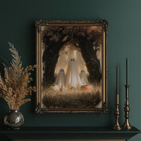 Two Visitors Under the Arch, two pale ghosts standing under an arch of dark trees above a field of tall grass and fallen leaves, painted in deep brown, bone and moss, in an ornate gold frame on a deep green wall beside tall brass candlesticks