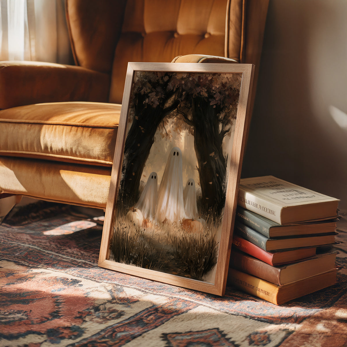 Two Visitors Under the Arch, two pale ghosts standing under an arch of dark trees above a field of tall grass and fallen leaves, painted in deep brown, bone and moss, in a wood frame on a leather armchair beside a stack of books