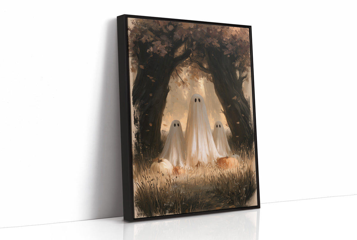 Two Visitors Under the Arch, two pale ghosts standing under an arch of dark trees above a field of tall grass and fallen leaves, painted in deep brown, bone and moss, as a framed canvas in a black frame