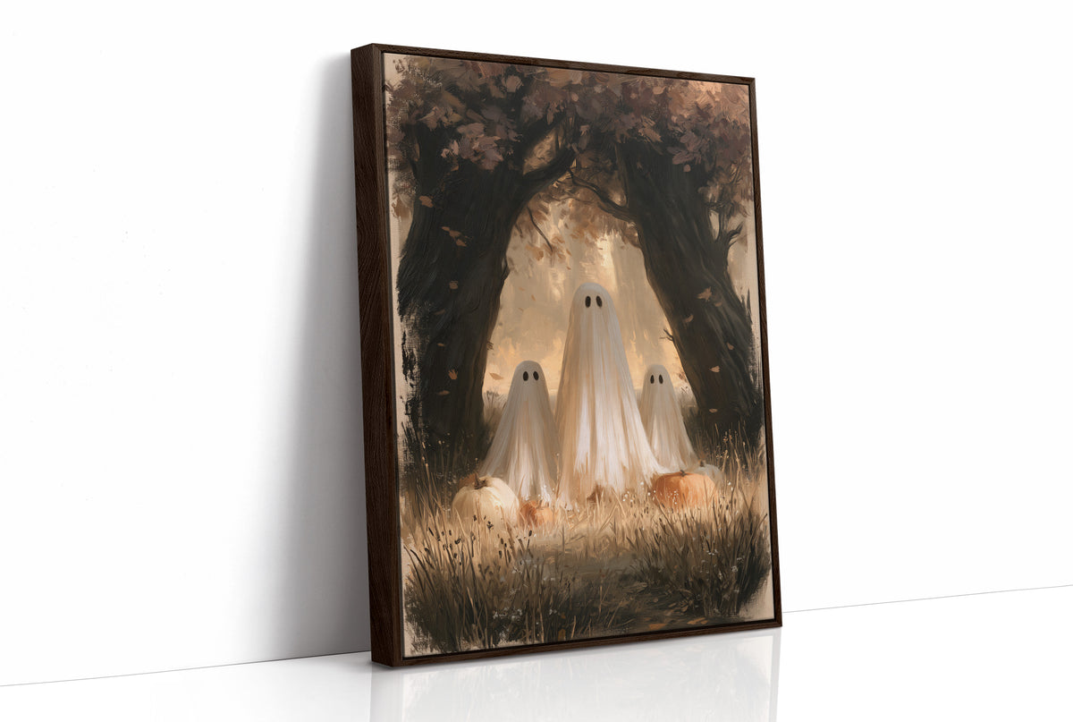 Two Visitors Under the Arch, two pale ghosts standing under an arch of dark trees above a field of tall grass and fallen leaves, painted in deep brown, bone and moss, as a framed canvas in a brown frame