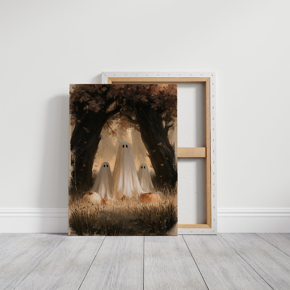 Two Visitors Under the Arch, two pale ghosts standing under an arch of dark trees above a field of tall grass and fallen leaves, painted in deep brown, bone and moss, on a gallery canvas with wrapped edges leaning against a white wall