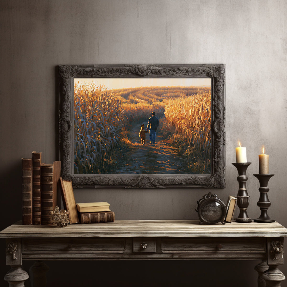 Two Walkers in the Wheat, two figures walking a dirt path through a field of golden grain at sunset, painted in gold, slate and deep shadow, in a dark carved frame on a gray wall above a console table with candlesticks and old books