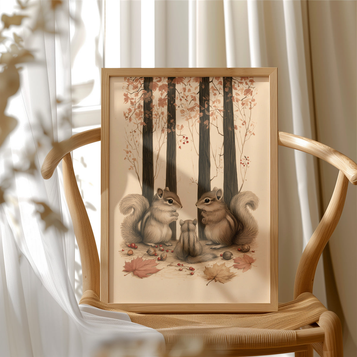 Two Watchers Beneath the Oaks, two squirrels sitting at the foot of tall dark trunks among fallen autumn leaves, in sepia, russet and cream, in a wood frame beside a wicker chair by a sunny window