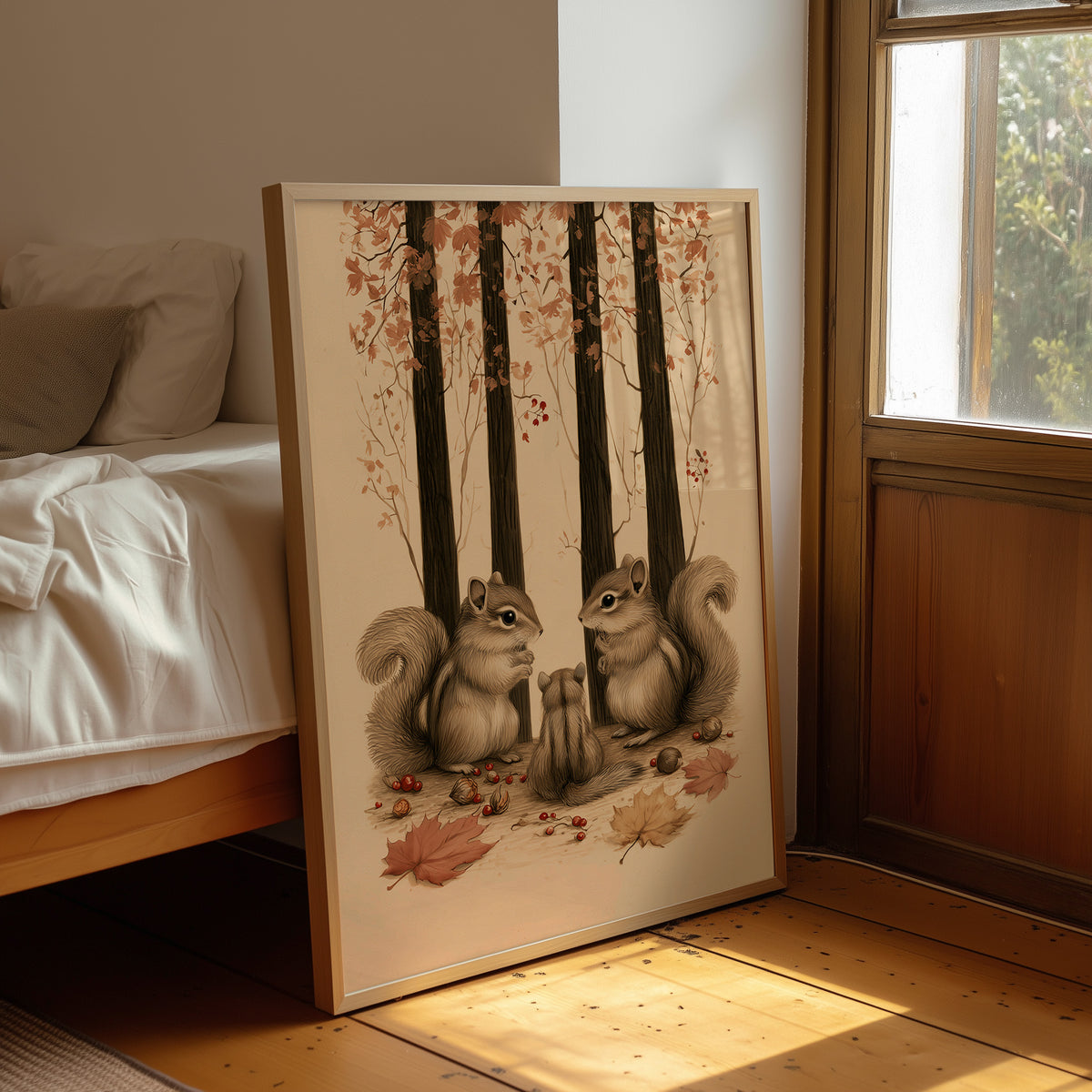 Two Watchers Beneath the Oaks, two squirrels sitting at the foot of tall dark trunks among fallen autumn leaves, in sepia, russet and cream, leaning on a wood floor in a bedroom beside white linen bedding