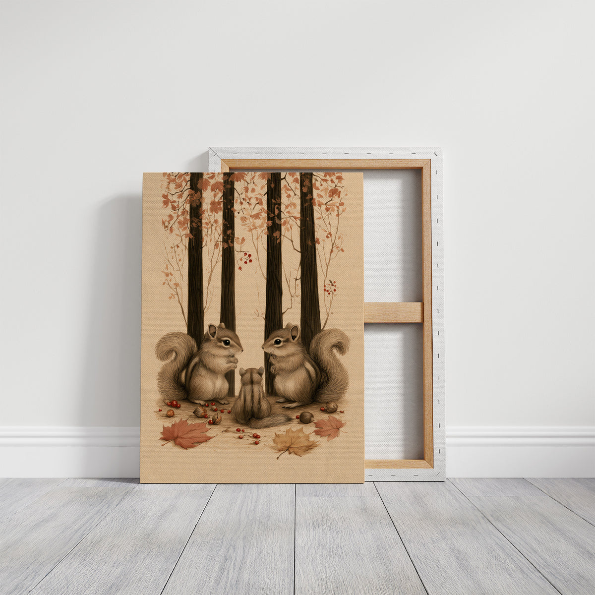 Two Watchers Beneath the Oaks, two squirrels sitting at the foot of tall dark trunks among fallen autumn leaves, in sepia, russet and cream, on a gallery canvas with wrapped edges leaning against a white wall