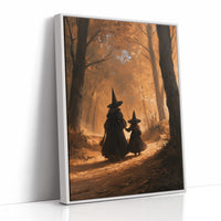 Two Witches on the Amber Path, two witch silhouettes walking a forest path between tall trees, glowing haze and a pale starry cluster above, painted in amber, umber and deep shadow, as a framed canvas in a white frame