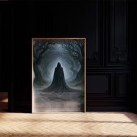 Veiled Beneath the Bending Trees, a hooded robed figure standing at the end of a tunnel of bare trees in pale blue fog, on a black paneled wall with sunlit herringbone floor