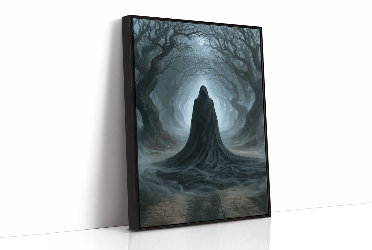 Veiled Beneath the Bending Trees, a hooded robed figure standing at the end of a tunnel of bare trees in pale blue fog, as a framed canvas in a black frame