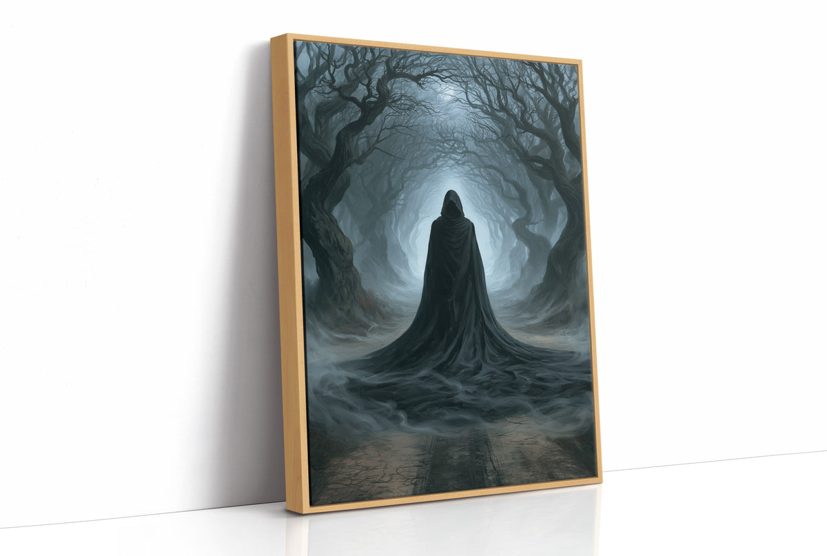 Veiled Beneath the Bending Trees, a hooded robed figure standing at the end of a tunnel of bare trees in pale blue fog, as a framed canvas in a natural wood frame