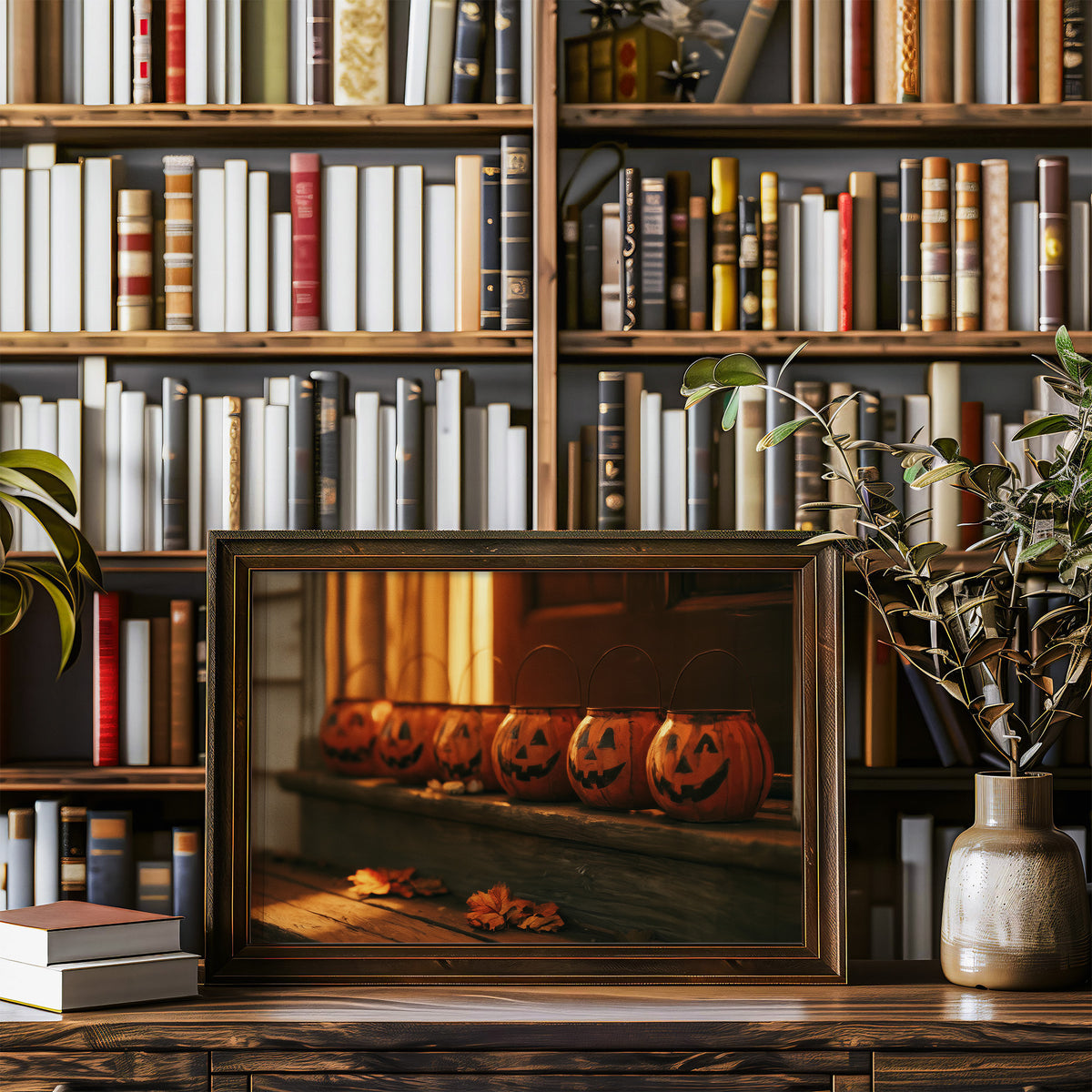 Vigil on the Windowsill, a row of glowing carved jack o lantern pumpkins on a windowsill in warm candle light, painted in burnt orange, amber and deep green shadow, in a wood frame on a bookshelf wall beside a vase of olive branches