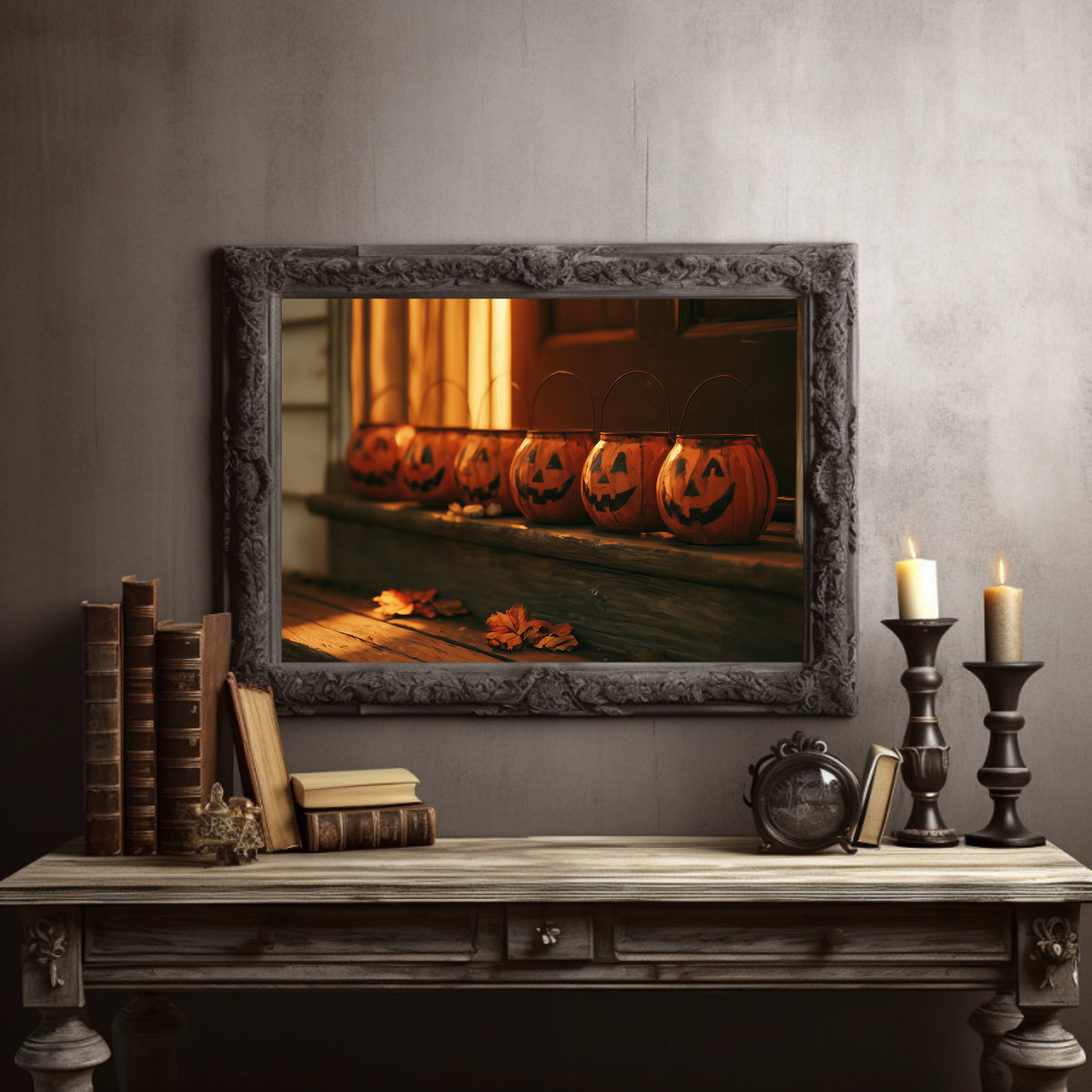 Vigil on the Windowsill, a row of glowing carved jack o lantern pumpkins on a windowsill in warm candle light, painted in burnt orange, amber and deep green shadow, in a dark carved frame on a gray wall above a console table with candlesticks and old books