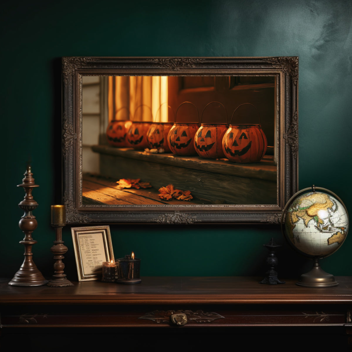 Vigil on the Windowsill, a row of glowing carved jack o lantern pumpkins on a windowsill in warm candle light, painted in burnt orange, amber and deep green shadow, in an ornate dark frame on a deep green wall above a mantel with a globe and candles