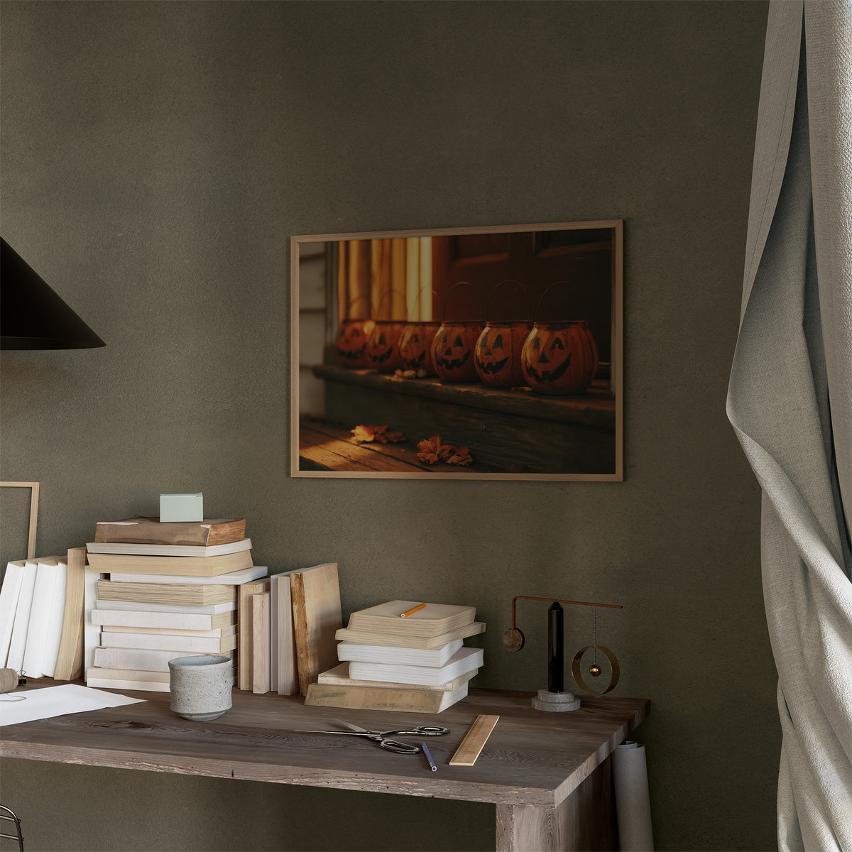 Vigil on the Windowsill, a row of glowing carved jack o lantern pumpkins on a windowsill in warm candle light, painted in burnt orange, amber and deep green shadow, in a thin wood frame on a moss green wall above a desk stacked with books