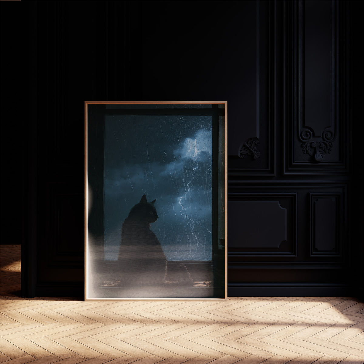Waiting Out the Lightning, a black cat seated in silhouette before a window of blue night sky with distant lightning, painted in midnight blue, slate and cool silver, on a black paneled wall with sunlit herringbone floor