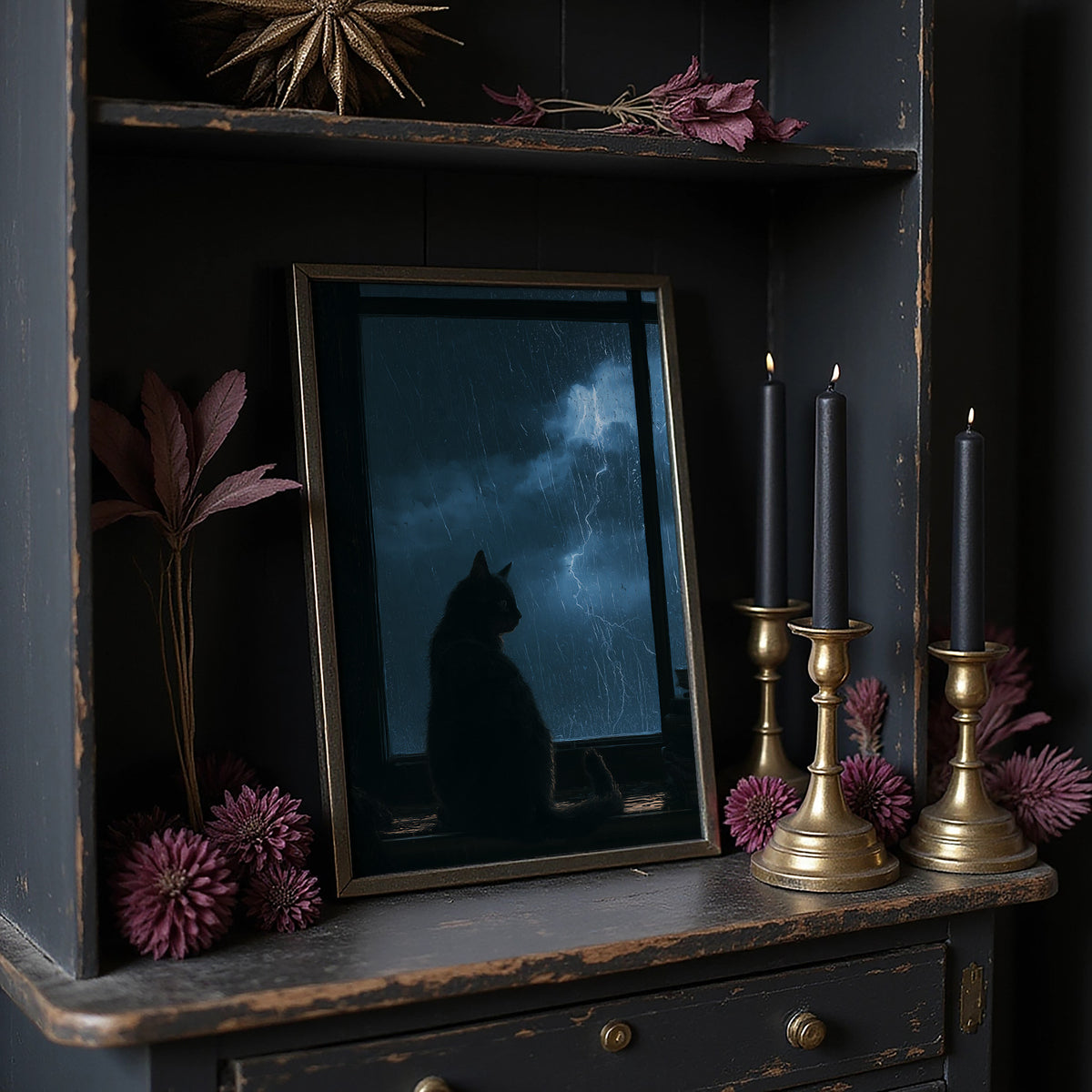 Waiting Out the Lightning, a black cat seated in silhouette before a window of blue night sky with distant lightning, painted in midnight blue, slate and cool silver, on a dark wooden cabinet shelf with candles and dried flowers