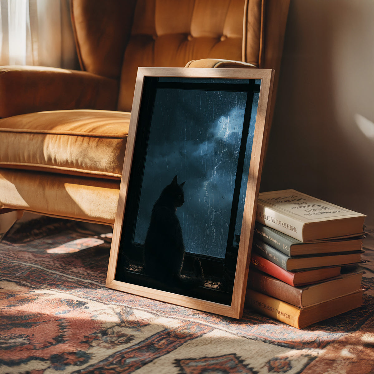 Waiting Out the Lightning, a black cat seated in silhouette before a window of blue night sky with distant lightning, painted in midnight blue, slate and cool silver, in a wood frame beside a leather armchair and a stack of books