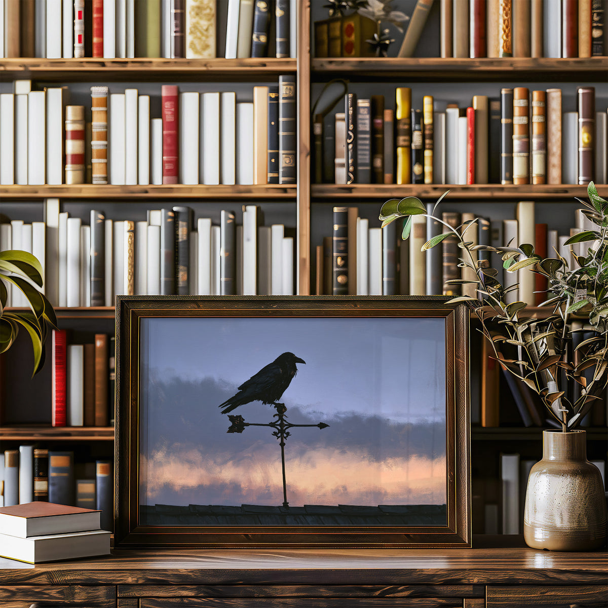 Watcher on the Weathervane, a black raven perched on a weathervane against a dusk sky banded in dusky blue and rose, in a wood frame on a bookshelf wall beside a vase of olive branches