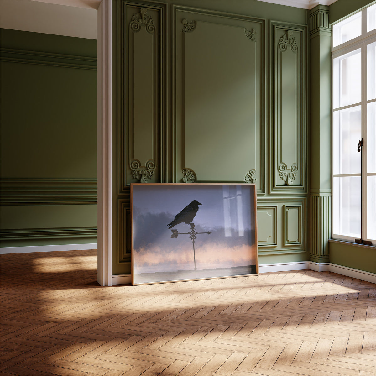 Watcher on the Weathervane, a black raven perched on a weathervane against a dusk sky banded in dusky blue and rose, leaning on a herringbone floor in a green paneled room with tall windows