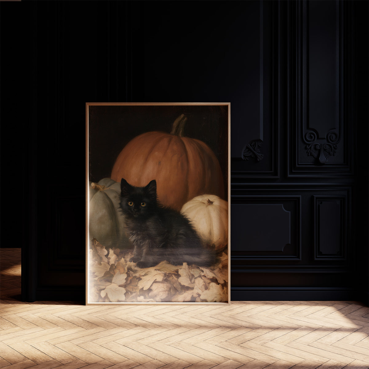 Watchful Eyes in the Autumn Hush, a black cat curled among fallen leaves in front of a large orange pumpkin, with a pale pumpkin beside it, painted in a dark oil portrait style with warm umber and gold, in a dark frame on a black paneled wall above a sunlit herringbone floor