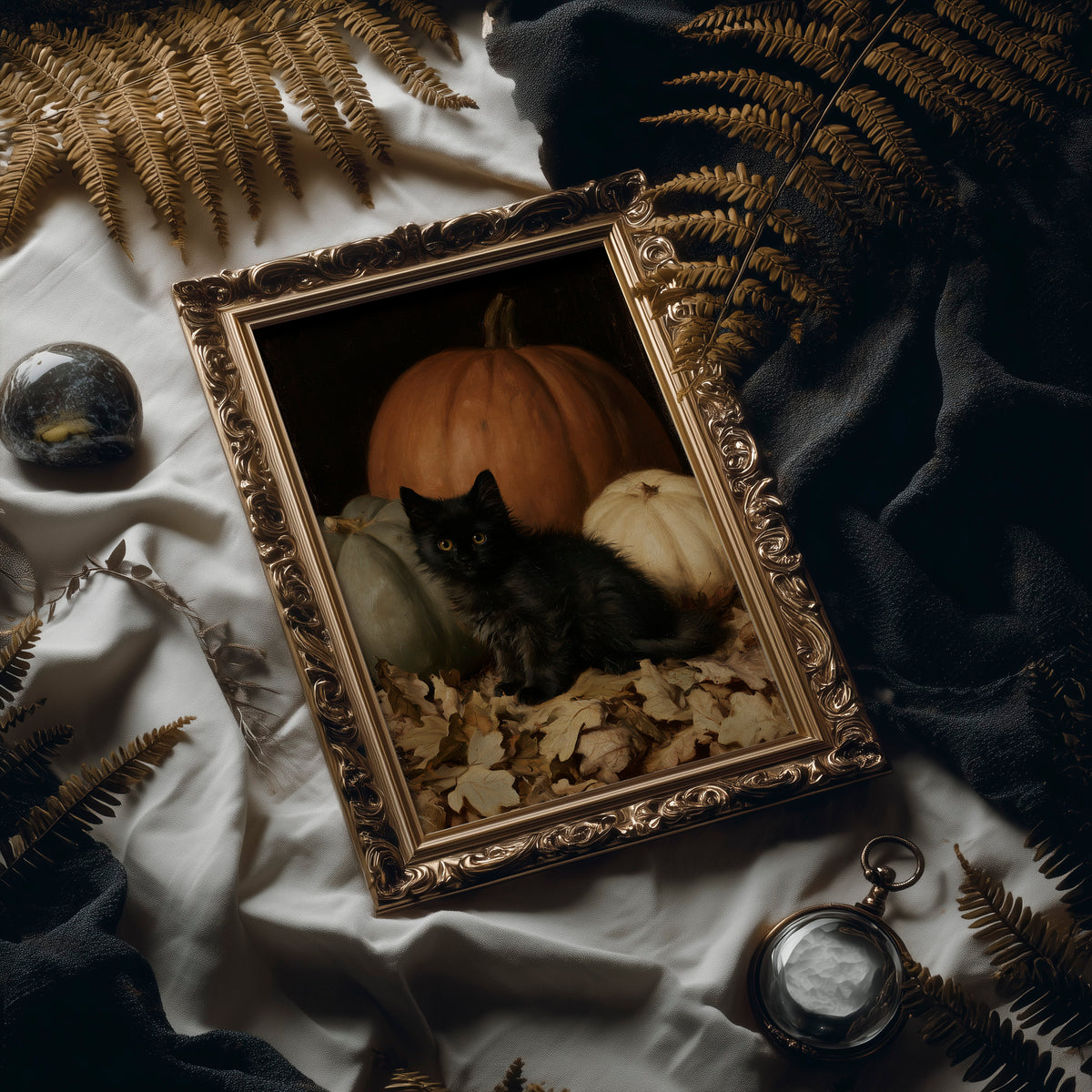 Watchful Eyes in the Autumn Hush, a black cat curled among fallen leaves in front of a large orange pumpkin, with a pale pumpkin beside it, painted in a dark oil portrait style with warm umber and gold, in an ornate frame on silk cloth beside ferns and a brass compass