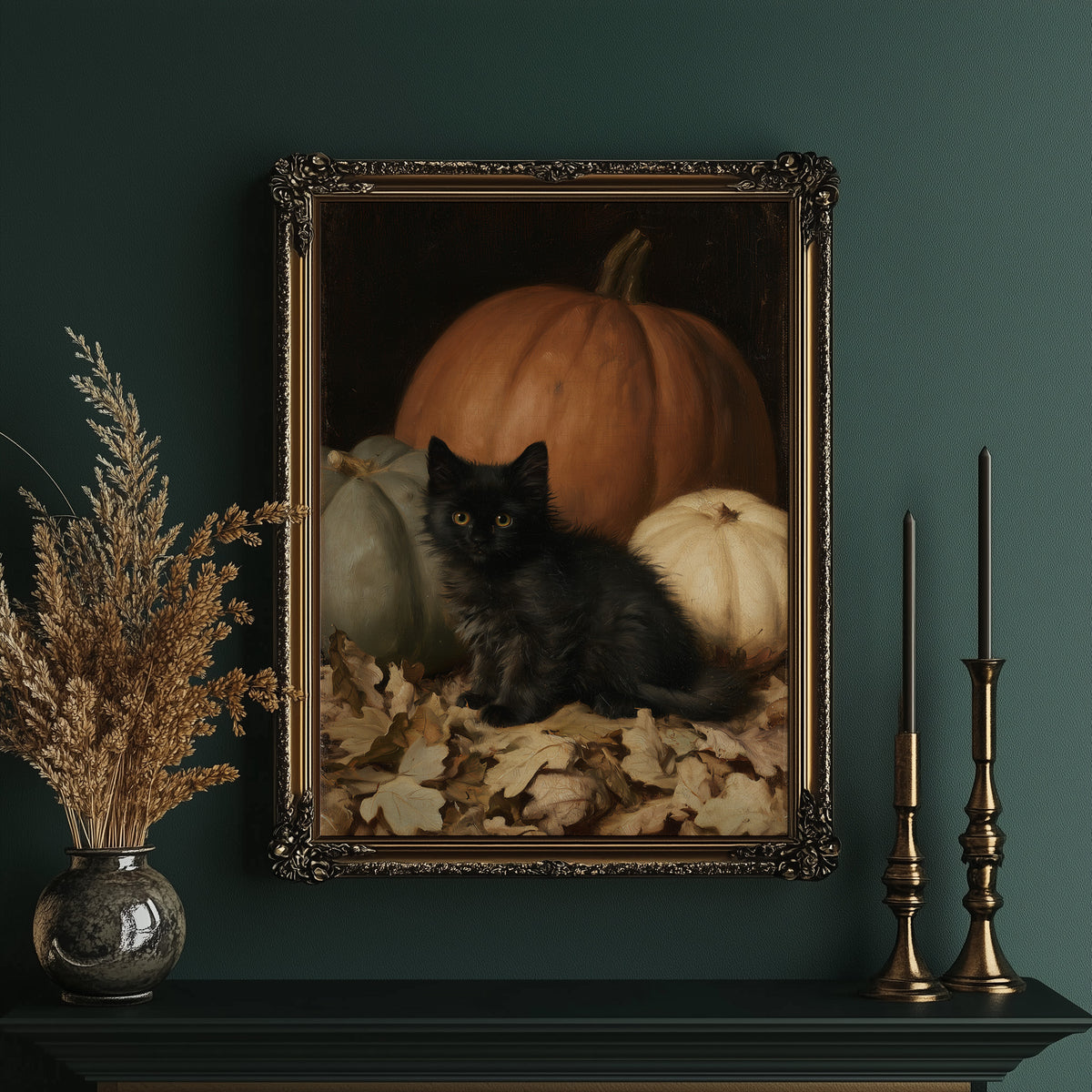 Watchful Eyes in the Autumn Hush, a black cat curled among fallen leaves in front of a large orange pumpkin, with a pale pumpkin beside it, painted in a dark oil portrait style with warm umber and gold, in an ornate gold frame on a deep green wall beside tall brass candlesticks