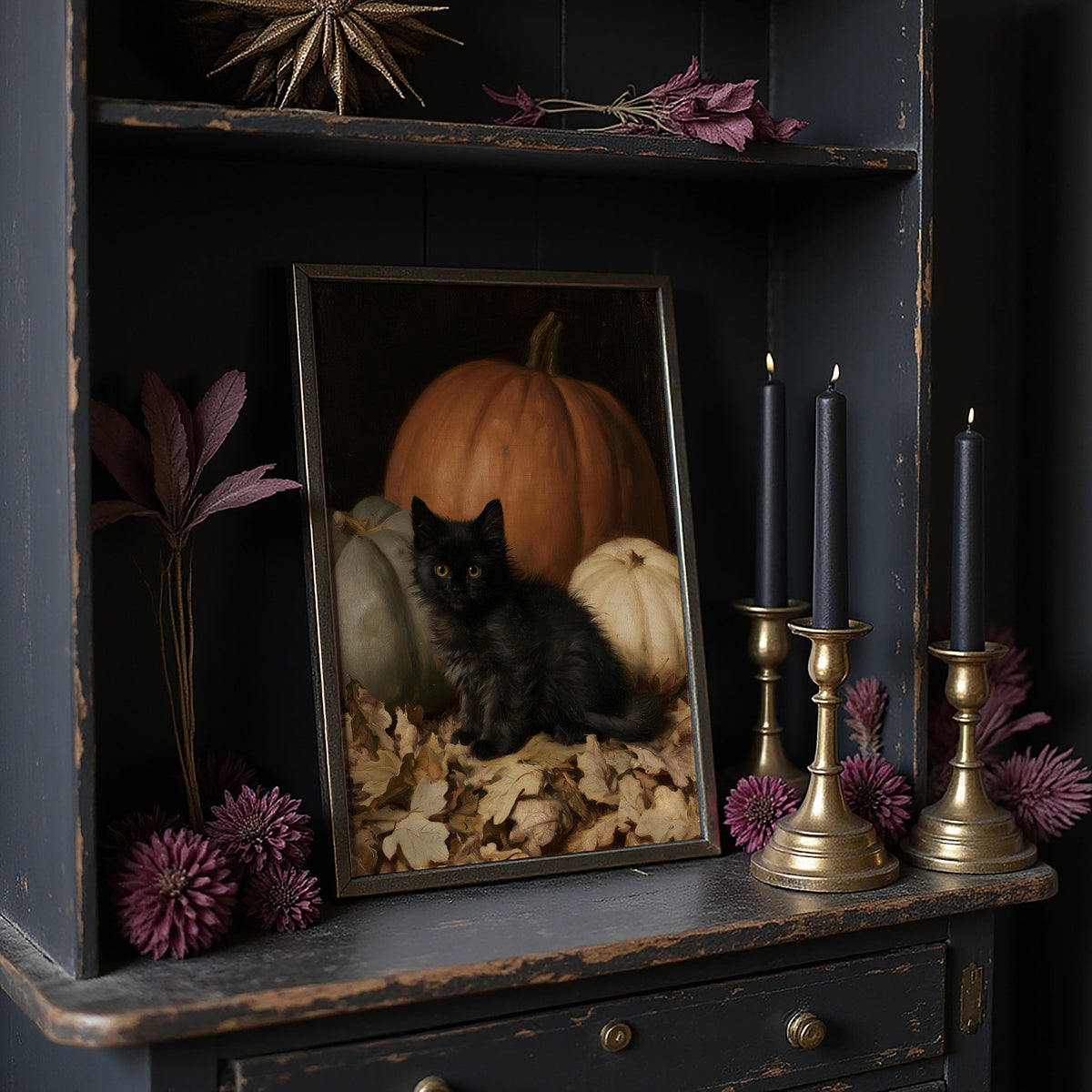 Watchful Eyes in the Autumn Hush, a black cat curled among fallen leaves in front of a large orange pumpkin, with a pale pumpkin beside it, painted in a dark oil portrait style with warm umber and gold, in a dark frame on a black shelf beside brass candles and dried leaves