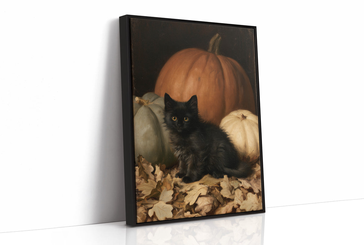 Watchful Eyes in the Autumn Hush, a black cat curled among fallen leaves in front of a large orange pumpkin, with a pale pumpkin beside it, painted in a dark oil portrait style with warm umber and gold, as a framed canvas in a black frame