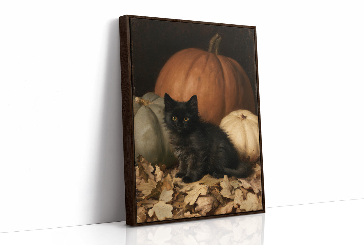 Watchful Eyes in the Autumn Hush, a black cat curled among fallen leaves in front of a large orange pumpkin, with a pale pumpkin beside it, painted in a dark oil portrait style with warm umber and gold, as a framed canvas in a brown frame