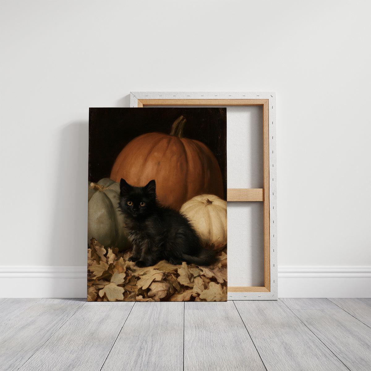 Watchful Eyes in the Autumn Hush, a black cat curled among fallen leaves in front of a large orange pumpkin, with a pale pumpkin beside it, painted in a dark oil portrait style with warm umber and gold, on a gallery canvas with wrapped edges leaning against a white wall