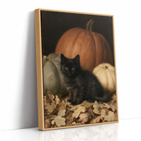Watchful Eyes in the Autumn Hush, a black cat curled among fallen leaves in front of a large orange pumpkin, with a pale pumpkin beside it, painted in a dark oil portrait style with warm umber and gold, as a framed canvas in a natural wood frame