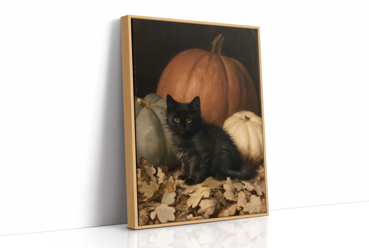 Watchful Eyes in the Autumn Hush, a black cat curled among fallen leaves in front of a large orange pumpkin, with a pale pumpkin beside it, painted in a dark oil portrait style with warm umber and gold, as a framed canvas in a natural wood frame