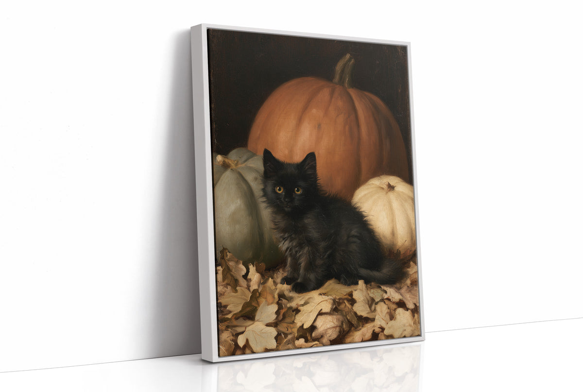 Watchful Eyes in the Autumn Hush, a black cat curled among fallen leaves in front of a large orange pumpkin, with a pale pumpkin beside it, painted in a dark oil portrait style with warm umber and gold, as a framed canvas in a white frame