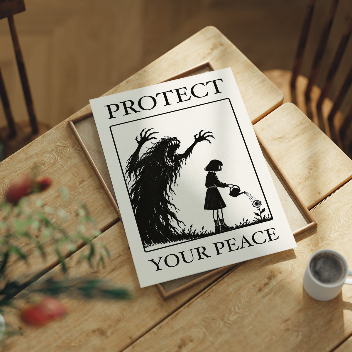 Watering Flowers Beneath a Shadow, a black woodcut style scene of a small girl with a watering can beside a tall shadowy creature with long claws, with the words PROTECT and YOUR PEACE in black serif capitals on cream, lying flat on a light wood table beside a coffee cup and red berries