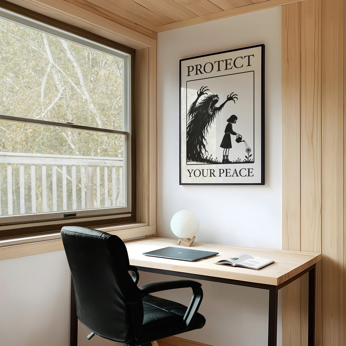 Watering Flowers Beneath a Shadow, a black woodcut style scene of a small girl with a watering can beside a tall shadowy creature with long claws, with the words PROTECT and YOUR PEACE in black serif capitals on cream, on a study wall above a writing desk and a black desk chair