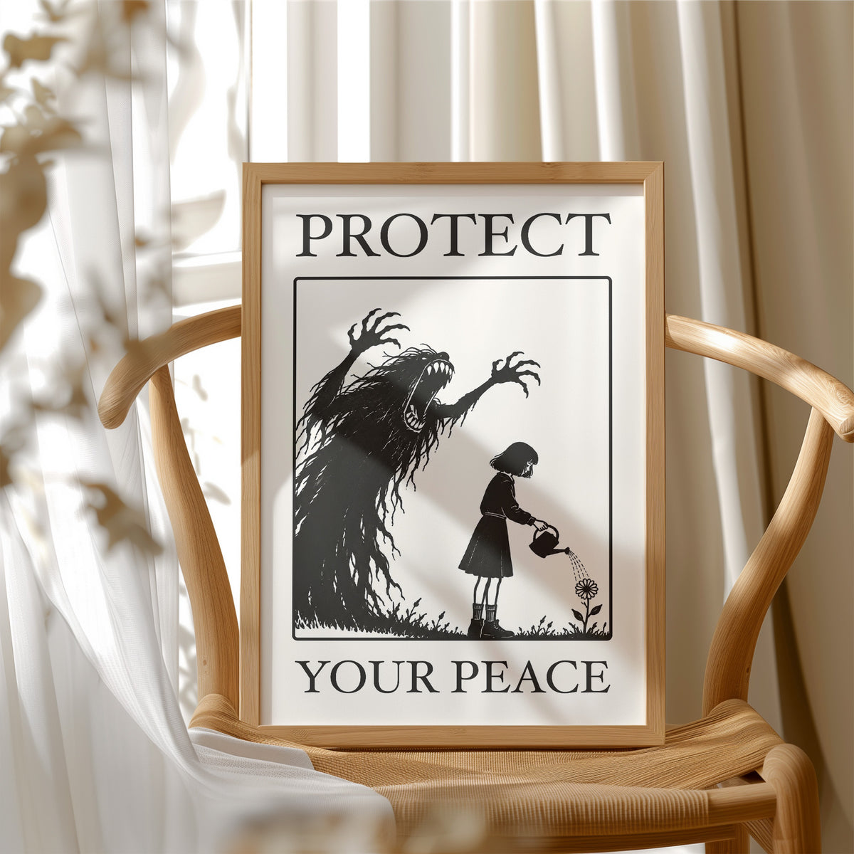 Watering Flowers Beneath a Shadow, a black woodcut style scene of a small girl with a watering can beside a tall shadowy creature with long claws, with the words PROTECT and YOUR PEACE in black serif capitals on cream, in a wood frame beside a wicker chair by a sunny window
