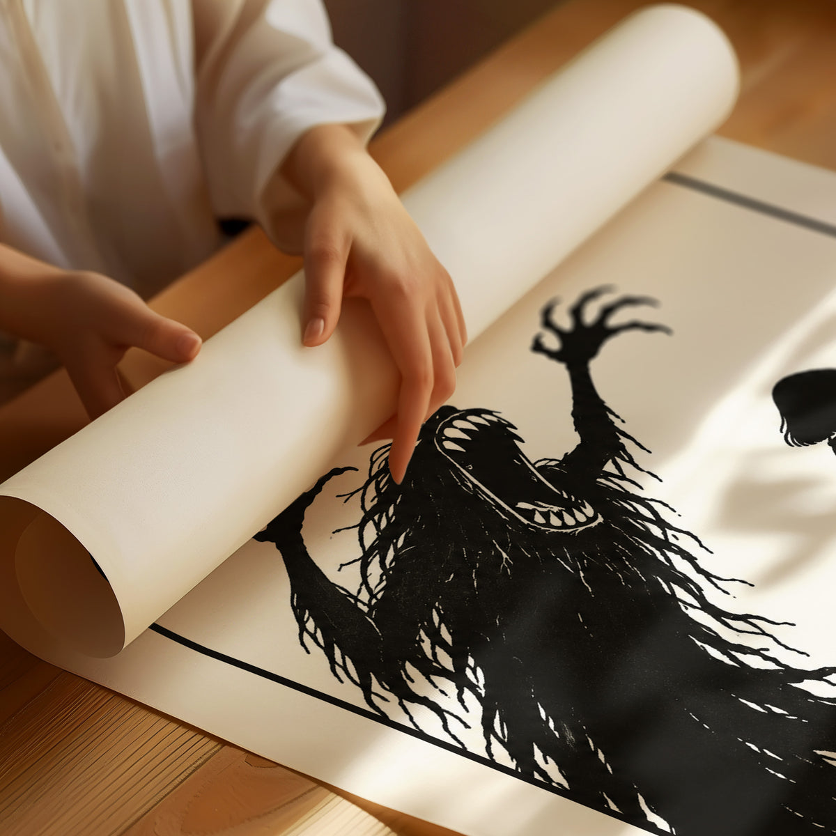 Watering Flowers Beneath a Shadow, a black woodcut style scene of a small girl with a watering can beside a tall shadowy creature with long claws, with the words PROTECT and YOUR PEACE in black serif capitals on cream, as a matte poster, unframed