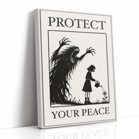 Watering Flowers Beneath a Shadow, a black woodcut style scene of a small girl with a watering can beside a tall shadowy creature with long claws, with the words PROTECT and YOUR PEACE in black serif capitals on cream, as a framed canvas in a white frame