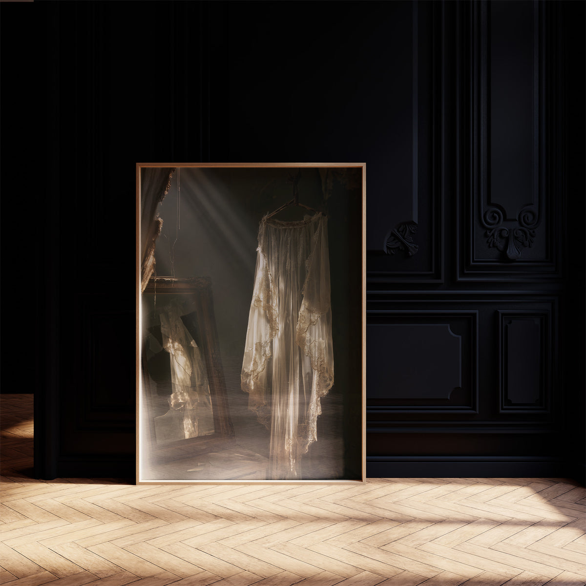 What the Mirror Kept of Her, ghostly lace dress hanging in a shaft of light beside an old mirror painting, on a black paneled wall with sunlit herringbone floor