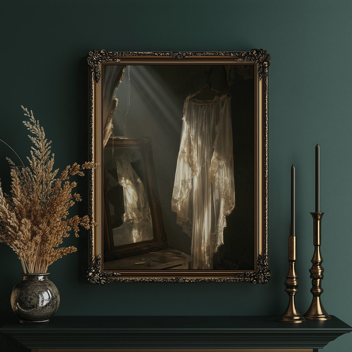 What the Mirror Kept of Her, ghostly lace dress hanging in a shaft of light beside an old mirror painting, in an ornate gold frame on a deep green wall beside brass candlesticks