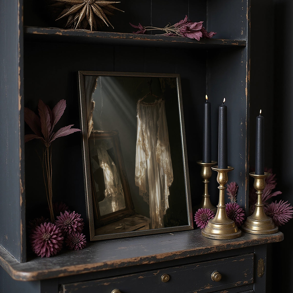 What the Mirror Kept of Her, ghostly lace dress hanging in a shaft of light beside an old mirror painting, on a dark wooden cabinet shelf with candles and dried flowers