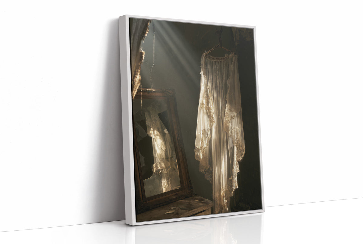 What the Mirror Kept of Her, ghostly lace dress hanging in a shaft of light beside an old mirror painting, as a framed canvas in a white frame