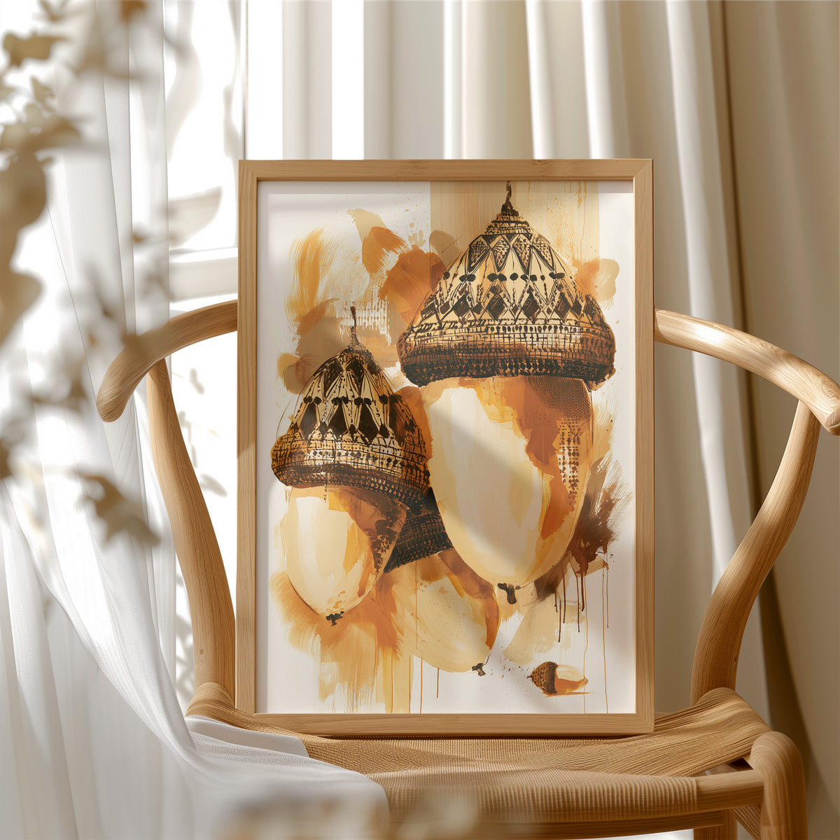 Where the Acorns Hold Their Amber, painterly oak nuts with carved caps and drips of ochre and cream on a pale ground, in a wood frame beside a wicker chair by a sunny window