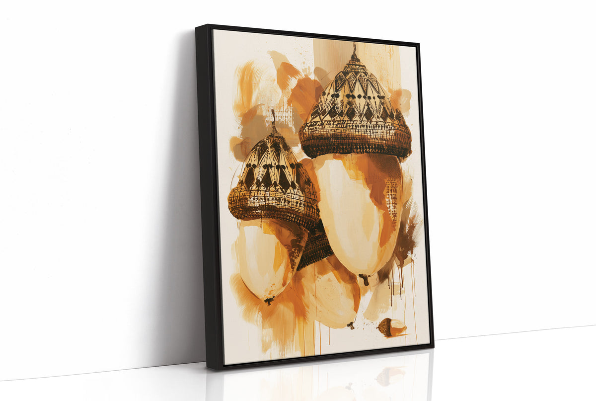 Where the Acorns Hold Their Amber, painterly oak nuts with carved caps and drips of ochre and cream on a pale ground, as a framed canvas in a black frame